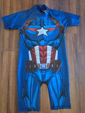 Boy's Avenger's Blue Superhero 1 Piece Swimsuit Costum Red, White, Brown Zipper